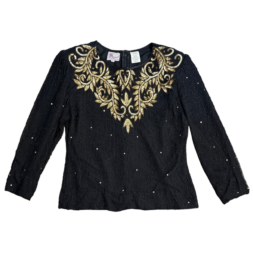 VTG 100% Silk Blouse Beaded Sequin 80s Patchouli Black Women's Small Made India